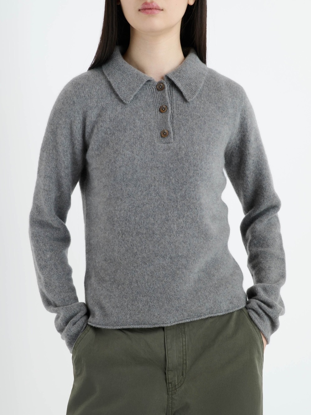 The Elder Statesman Fitted Polo Cashmere Sweater Charcoal Gray